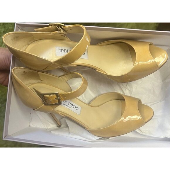 Jimmy Choo Peep Toe Mary Jane heel Sz 37 buckle Italy yellow nude gold bag - Picture 1 of 7